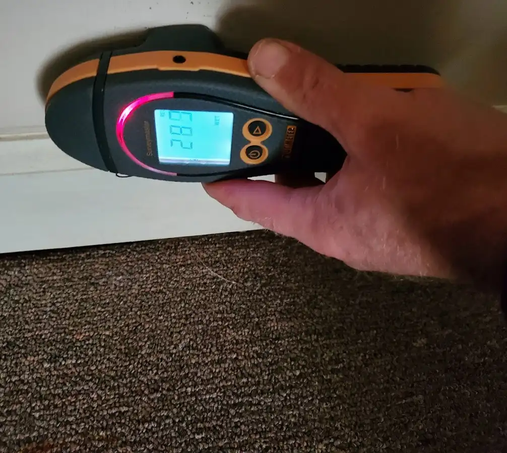 Moisture detection at baseboard during Burst Pipe Cleanup in Mustang